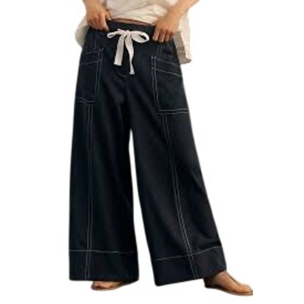 Maeve Anthropologie Wide Leg Pants Navy Blue Contrast Stitch Linen Blend Size M